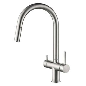 Acquapuro Roma Pull-Down Spout 3 Way Tap with two levers and stainless steel finish for filtered and mains water