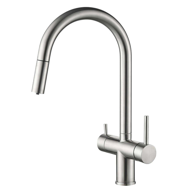 Acquapuro Roma Pull-Down Spout 3 Way Tap with two levers and stainless steel finish for filtered and mains water